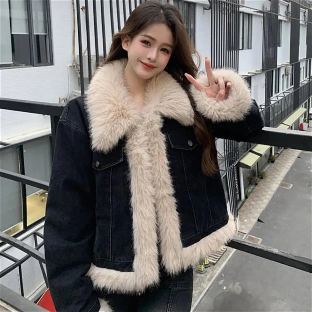 Women\'s Vintage Solid Fur Denim Coats Casual Fashion Patchwork Long Sleeves Jackets 2024 Spring New Female Y2k Harajuku Tops