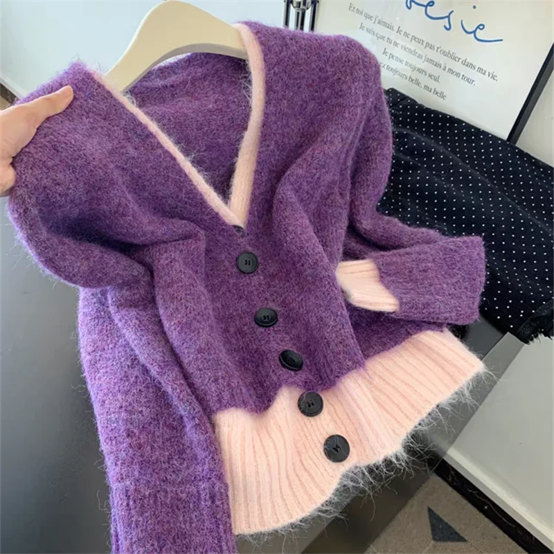 

Мягкий вязаный кардиган контрастного цвета из двух предметов, женский короткий свитер с v-образным вырезом, однобортный женский трикотаж с длинными рукавами