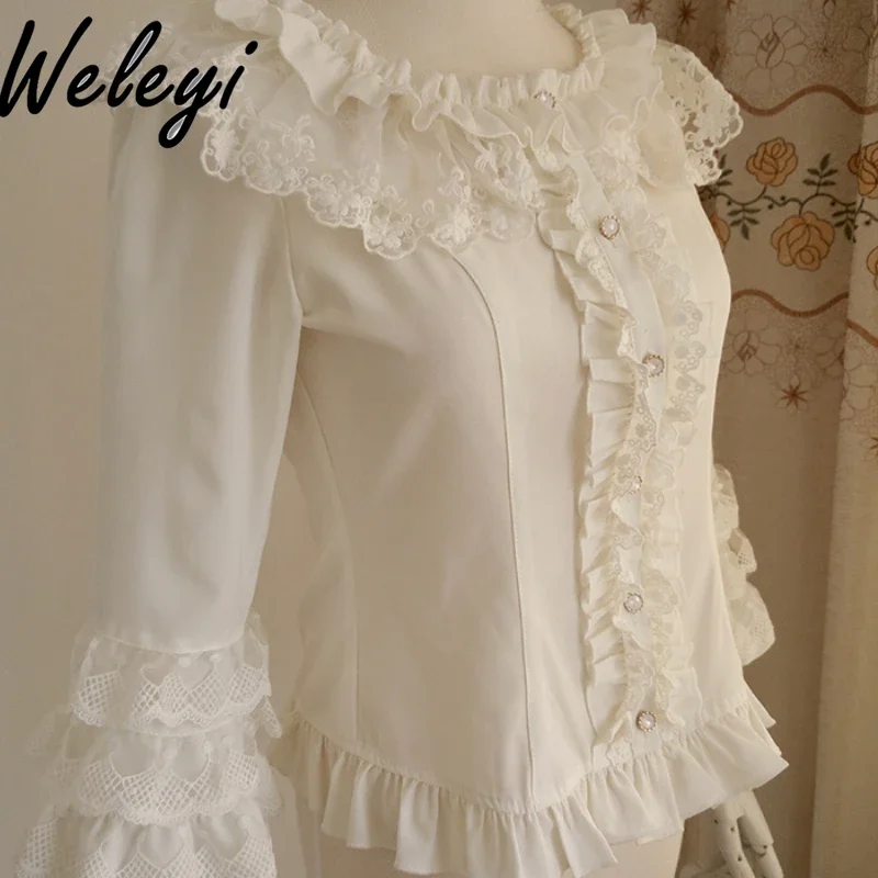 

Original Lolita Ji-sleeved Blouse Jirai Kei Vintage Princess Seven-squarter Sleeve Lace Milky White Shirt Femininas Elegantes