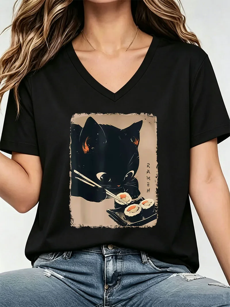 Harajuku Japanese Style Ramen Cat Y2k T-shirt V Neck Casual T Shirts Women Short Sleeve Graphic Tee Shirt V-Neck Summer Spring