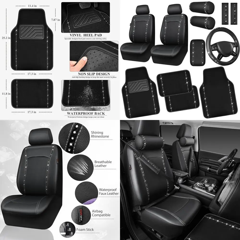 

14 шт. комплект автомобильных аксессуаров с блестящими бриллиантами для женщин, кожаные чехлы на сиденья, передние сиденья, блестящие стразы, 15 дюймов, чехол на руль