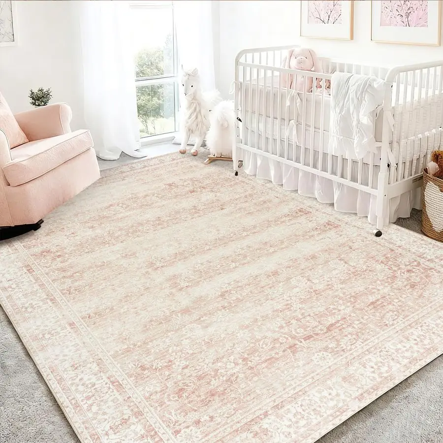 

Nursery Rug for Baby Girl 5 x 7 Neutral Blush Pink Boho Cute Floral Foldable Machine Washable Low Pile Soft Surface Carpet Area