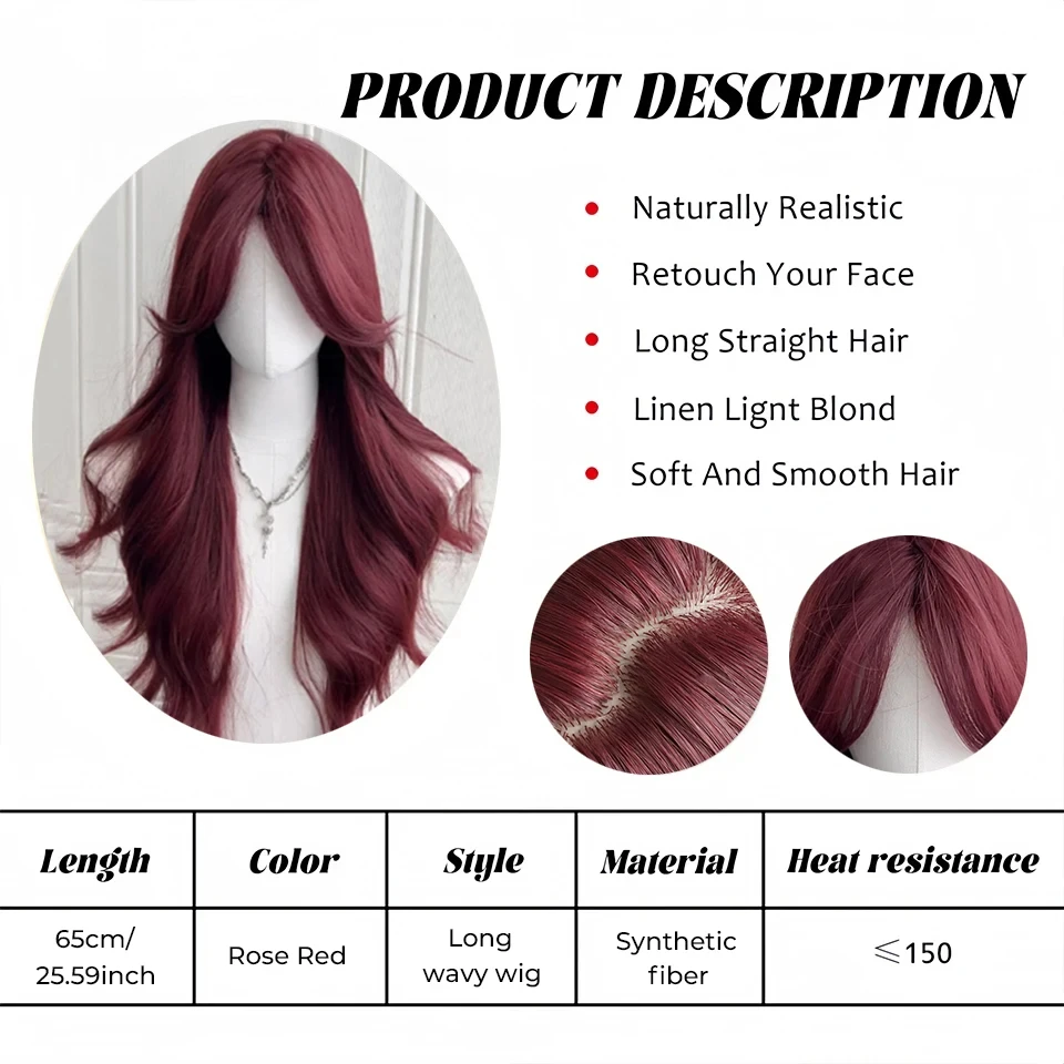 Long Body Wave Wig with Bangs Burgundy Wine Red Colorful Party Wig for Women Natural Daily Cosplay Synthetic Hair Heat Resistant