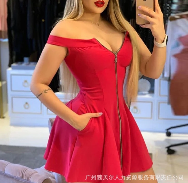 

Fashion Summer Dresses Red One Shoulder Zipper Dress Solid Color Sexy Pure Desire Style Elegant Dresses for Women