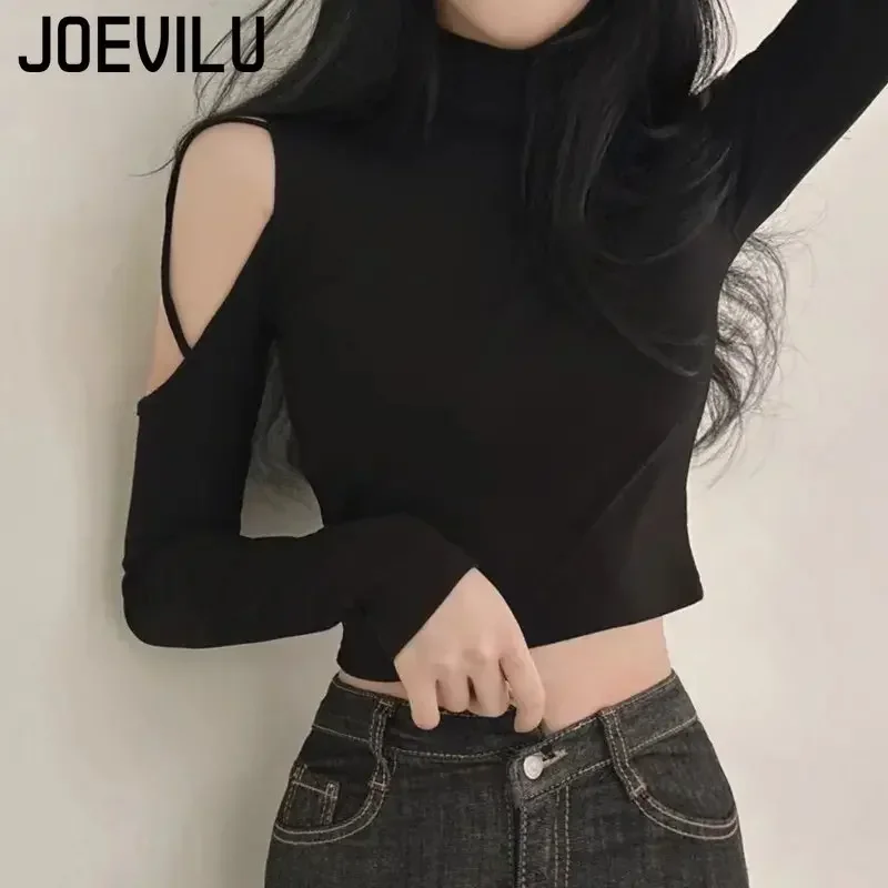 Hollow Out Off Shoulder Crop Tops Babes Sexy Turtleneck Long Sleeve T-shirt Skinny Bottoming Shirt Slim Short Tee Women Y2k Top