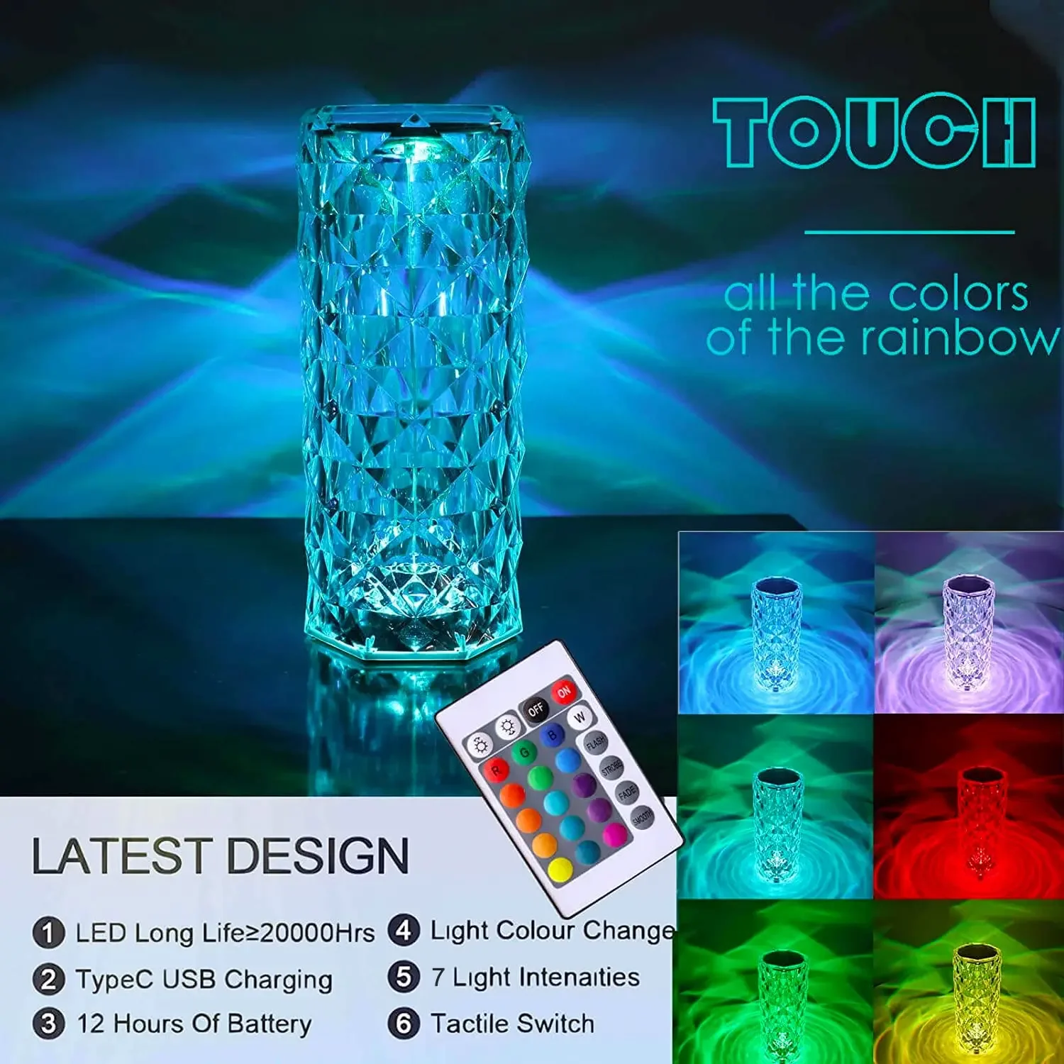 Rechargeable 16 Colors RGB Rose LED Night Light Color Changing Crystal Touch Table Lamp For Bedroom Nightstand Christmas Decor