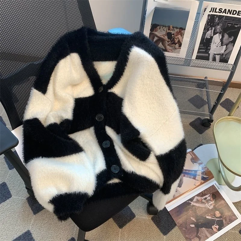 

Ladies' Warmth-Insulating V-Neck Knitted Sweater Striped Outerwear Autumn Winter Loose Fit Soft Thickened Open Cardigan Top