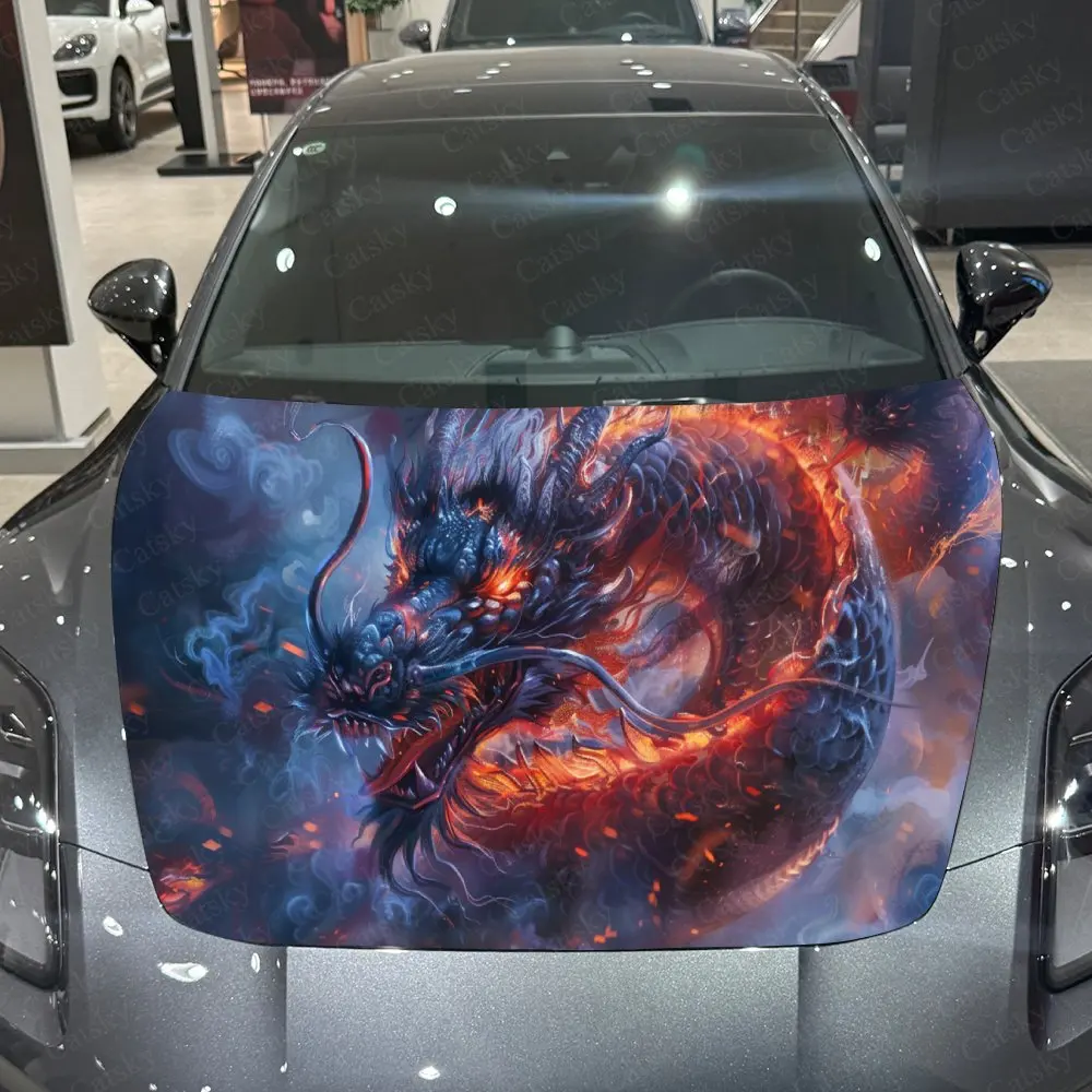 

Thrilling Fiery Dragon Car Hood Stickers - Self-Adhesive, Waterproof and Durable Vinyl Wrap, Decorate And Protect Your Car - The