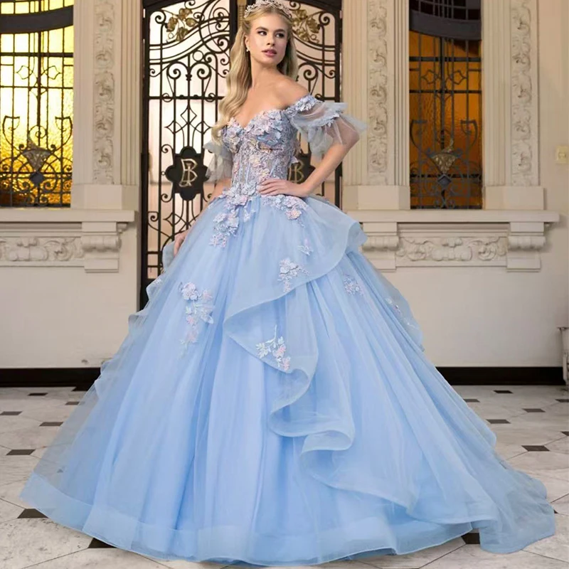 

Graceful Evening Party Gowns Embroidered Lace On Net With Appliques A-Line Ball Gown Puff Sleeves V-Neck Bride Lace Up Prom