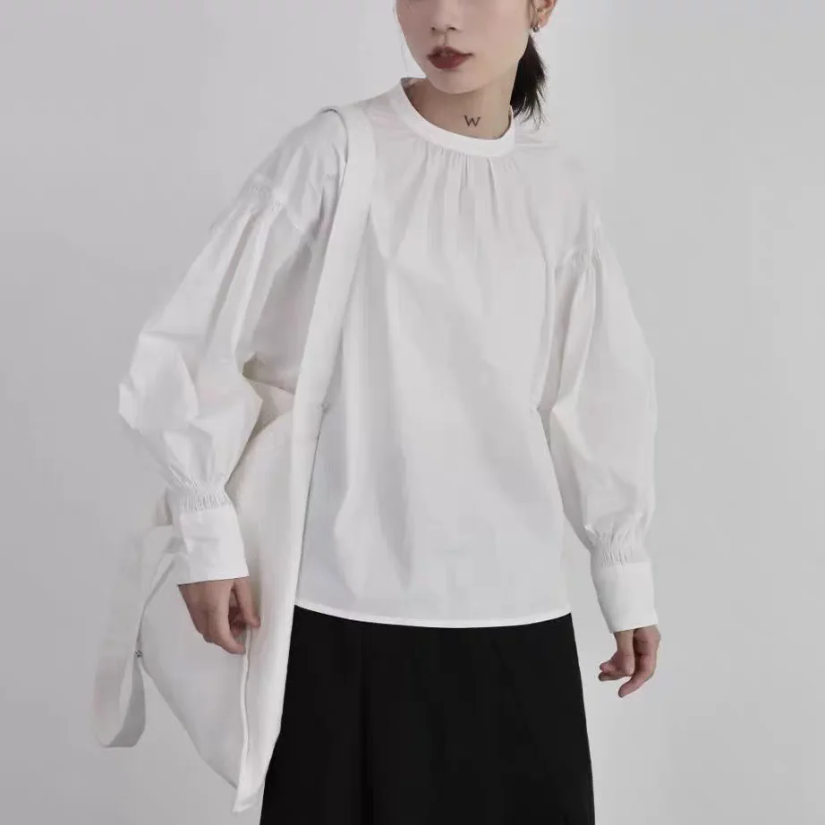

Spring 2025 Women's Loose Fit Long Sleeve White Shirt round Neck Simple Retro Bubble Sleeve Top Dark Design Sense Fashionable