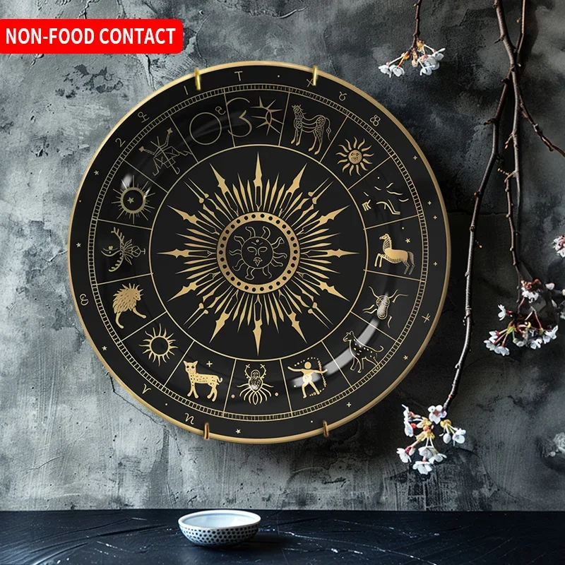1pc Non-Food Contact 12 Zodiac Signs Golden Starry Ceramic Wall Decor Plate - Art Deco Round Home Decor for Living Room,