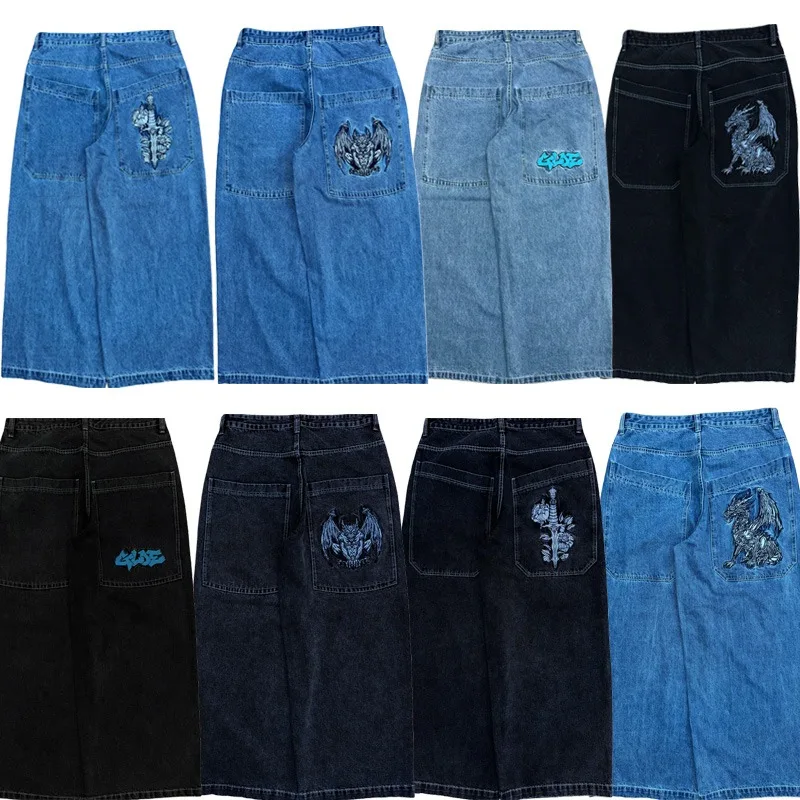 

Y2K baggy jeans vintage pattern embroidered hip hop denim wide leg pants gothic Harajuku men women Large pocket jeans streetwear