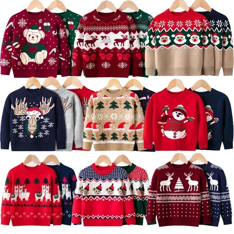 Christmas Bottomed Sweater Winter Boys Girls Xmas Warm Cotton Pullover Kids Knit Clothes Autumn Children Print Knitwear 2-6 Year