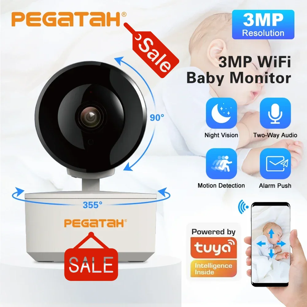 

PEGATAH 3MP Wi-Fi IP-камера Беспроводная внутренняя радионяня Полноцветная ИК-камера ночного видения с автоматическим отслеживанием Умная камера наблюдения Tuya