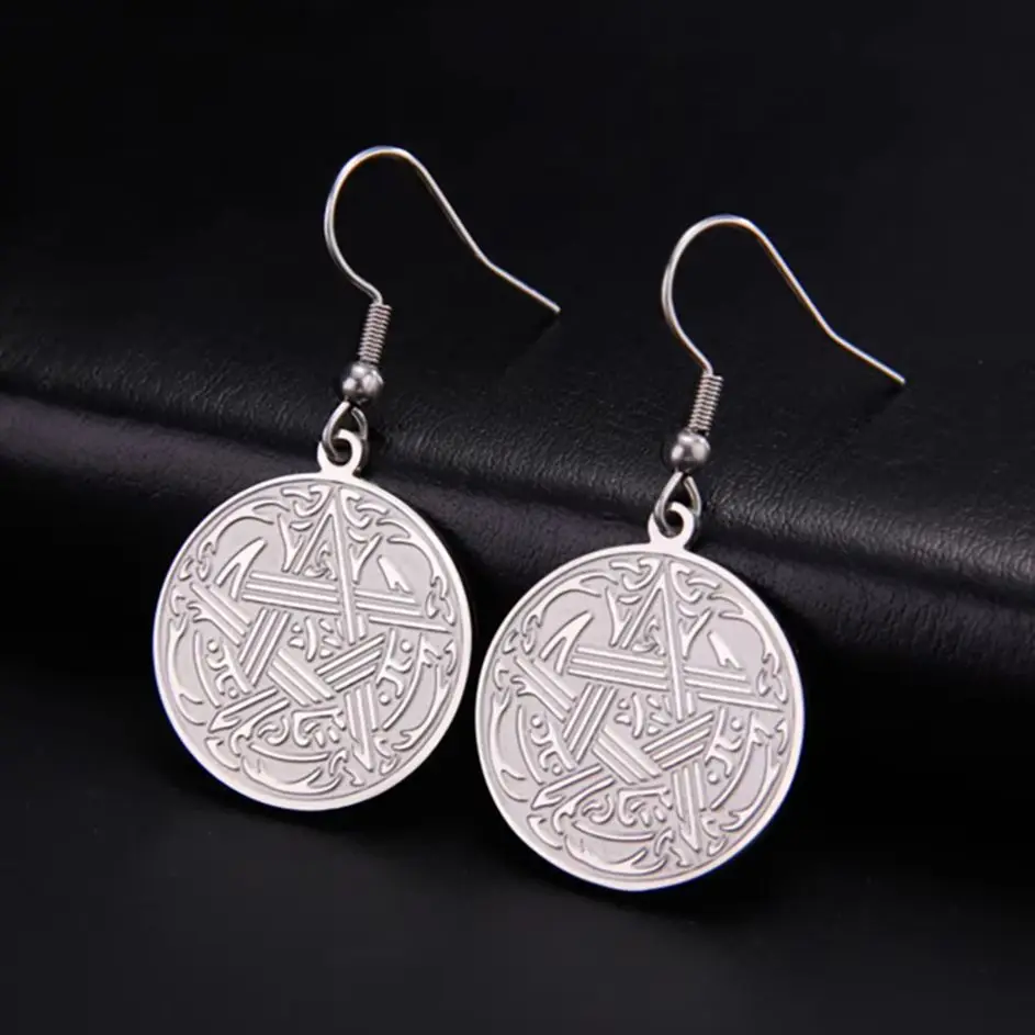 LIKGREAT Stainless Steel Goth Pentagram Pentacle Star Drop Earrings for Women Circle Trinity Knot Amulet Jewelry Christmas Gifts