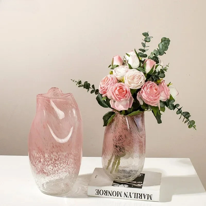 Pink Ripple Gradient Glass Vase Hydroponics Flower Pots Desk Decoration Flower Arrangement Crack Texture Vases Modern Home Decor