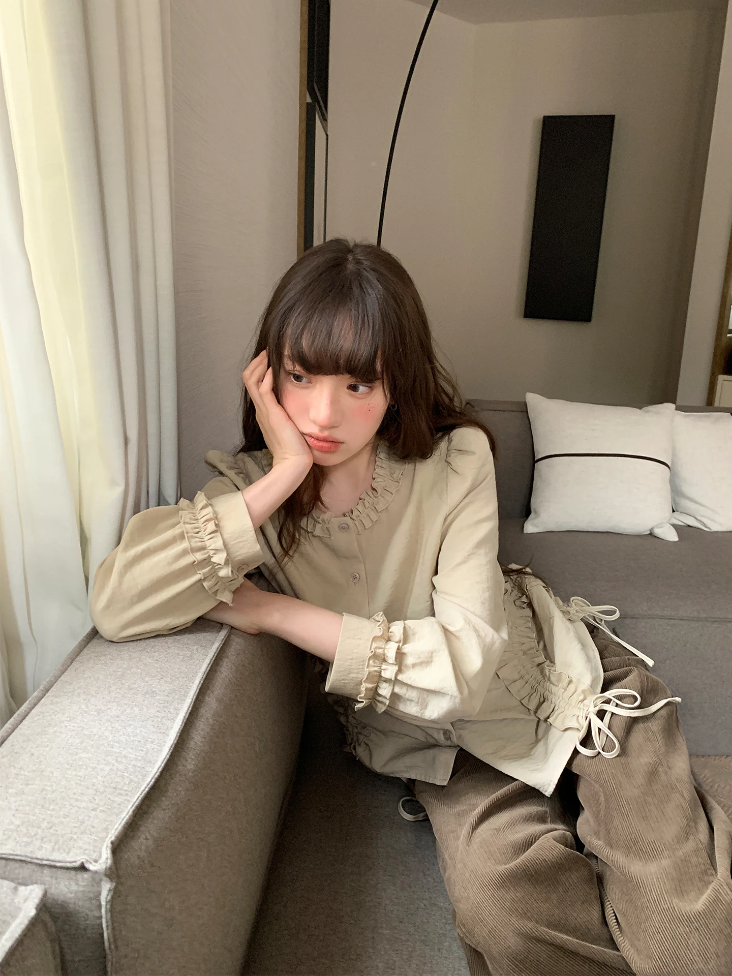 

Женская свободная блузка с длинными рукавами, весенняя модная женская блузка с бантом, рукавами-фонариками и круглым вырезом из мягкой ткани