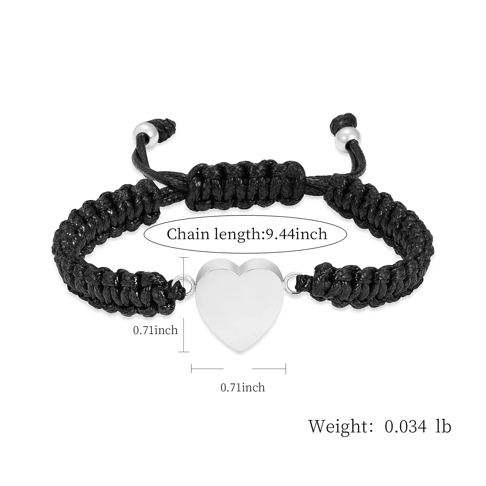 Heart Shape Urn Bracelet for Human/Pet Ashes Black Braided Rope Adjustable Bangle Keepsake Memorial Jewelry