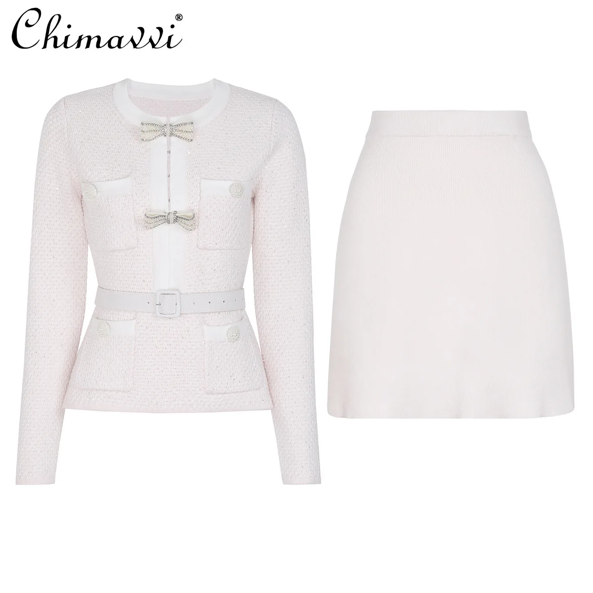 

High-End Autumn New Heavy Bow Beaded Slimming Long Sleeve Knitted Top + Skirt Set for Women Elegant Party Two-Piece Set