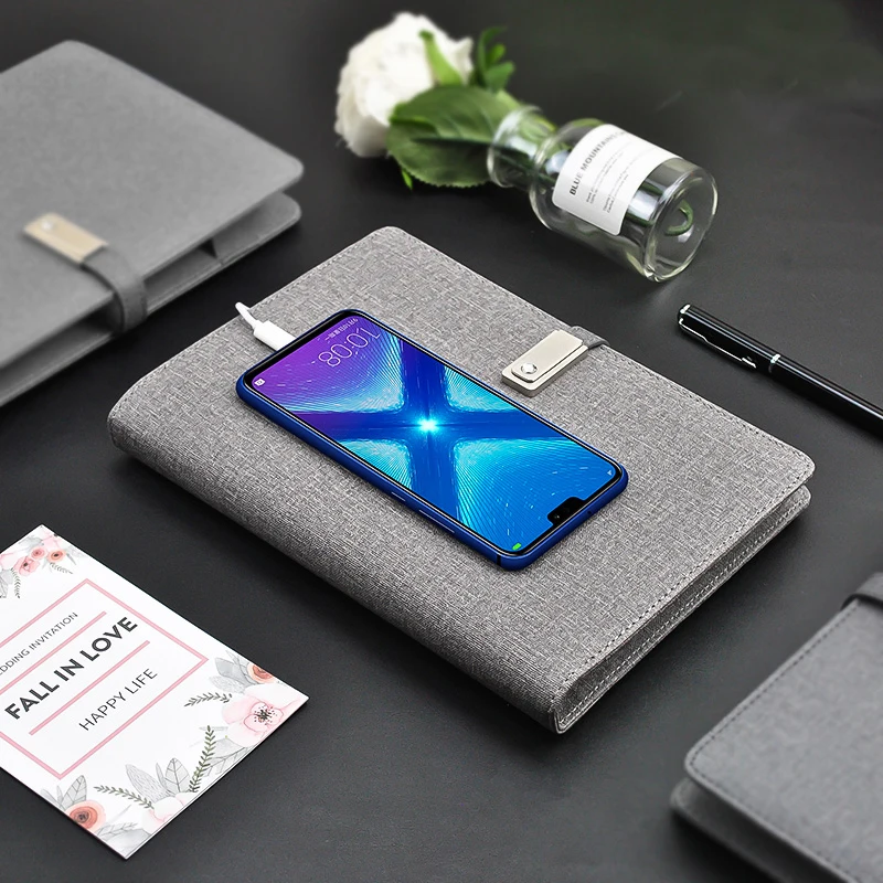 A5 Multifunctional Wireless Charging Notebook Builtin Card Slot Pu Bussiness Loose-Leaf Notebook 8000mAh Power Journal with USB