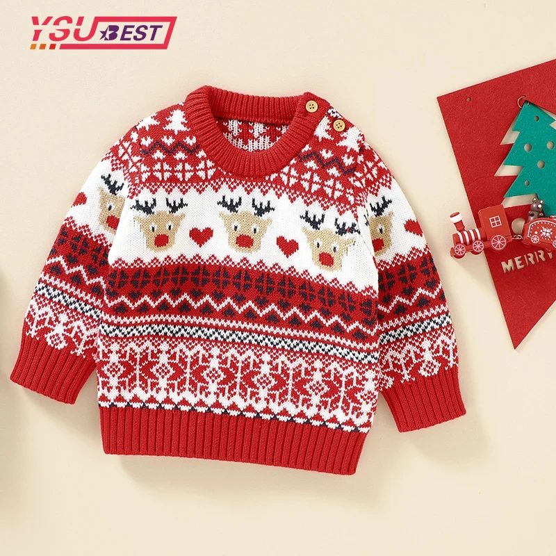 New Baby Christmas Sweater Deer Snowflake Print Cartoon Infantil Xmas New Year Kids Clothes Autumn Winter Child Knitted Outfits