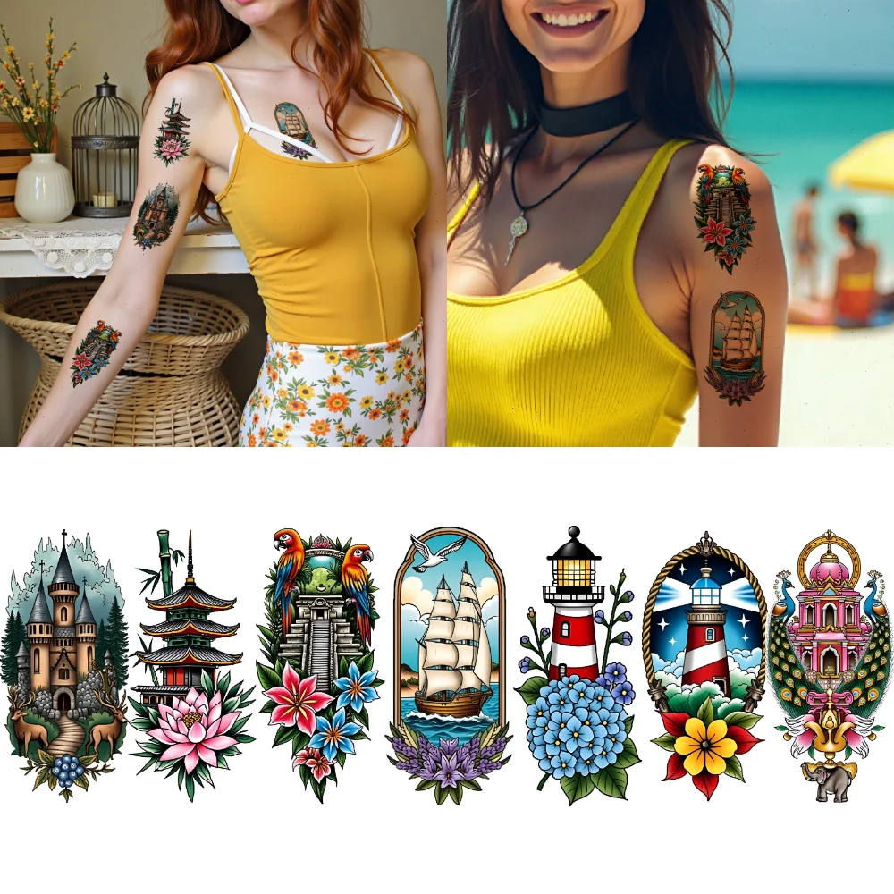 

9 шт., временные татуировки, маяк, новая школа, традиционный фонтан, домик, временные татуировки, наклейки, замок для женщин на груди