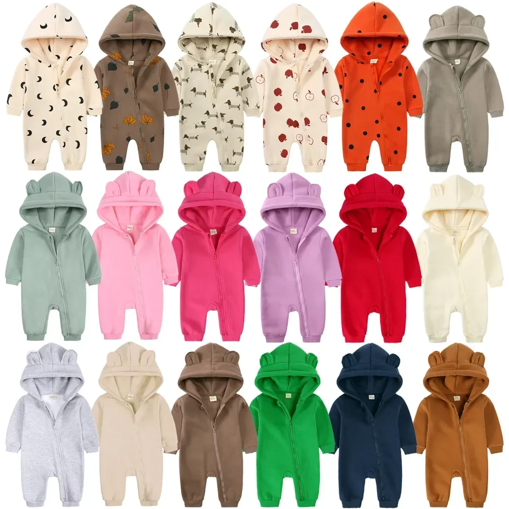 2024 Newborn Baby Winter Fleece Hooded Romper Solid Cotton Thick Warm Casual Bear Jumpsuit 0-24M Infant Korean Outfits Clothes