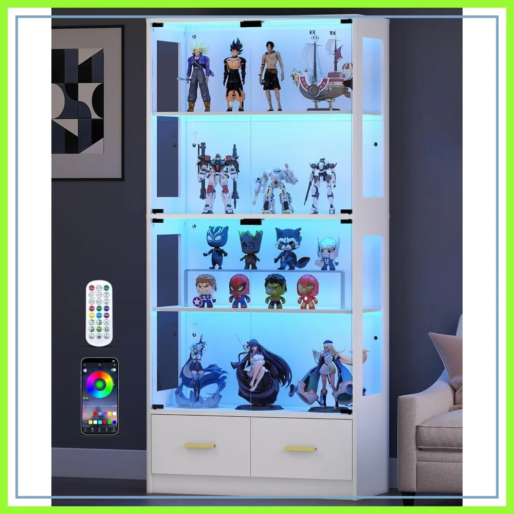 67" Curio Cabinet with Glass Doors, 4-Tier Display Case with RGB LED Lights & 2 Drawers, White for Collectibles