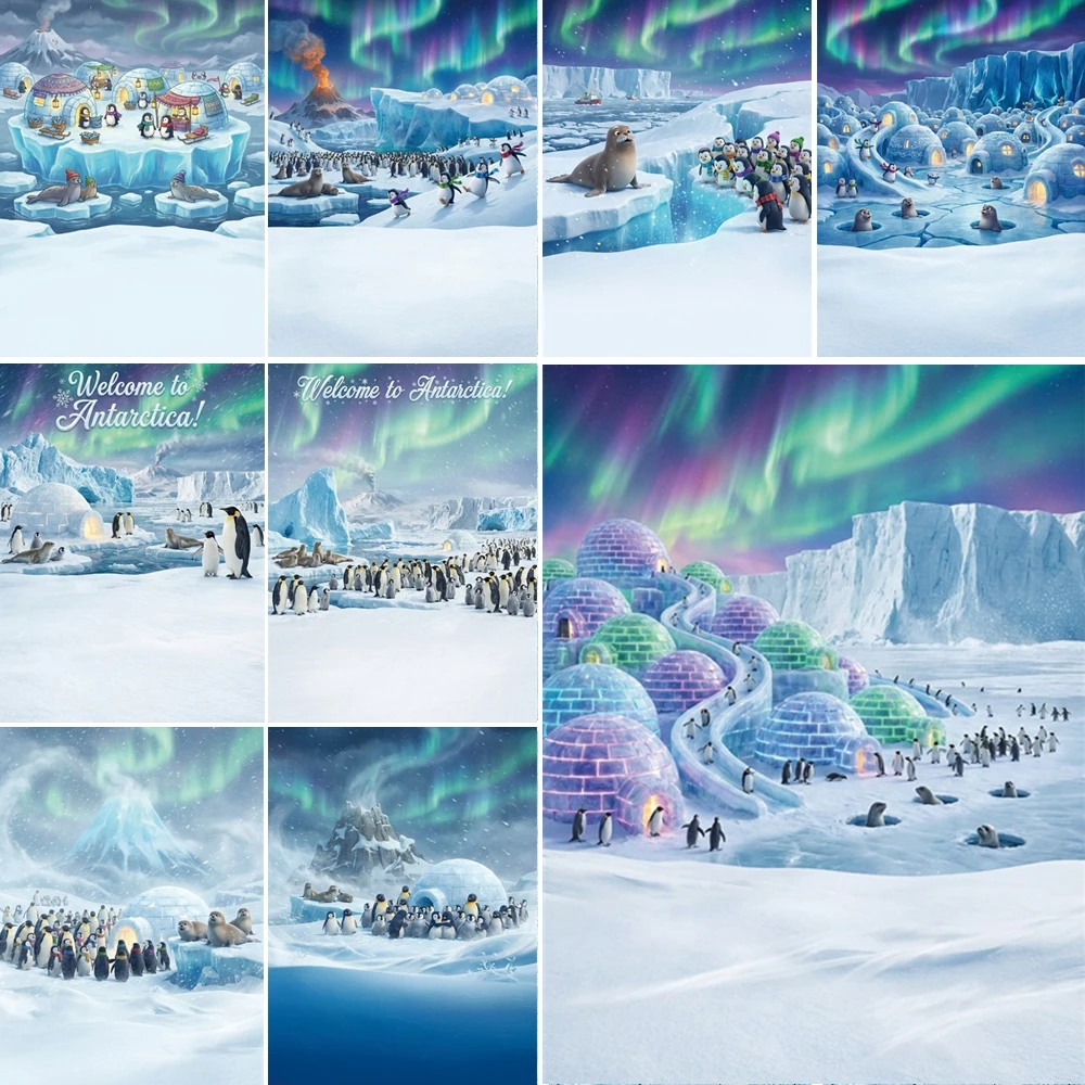 

MOON.QG Colorful Igloo Slide Background Penguin Ice Aurora Backdrop Baby Shower Photo Booth Photo Studio Wedding Shooting Props