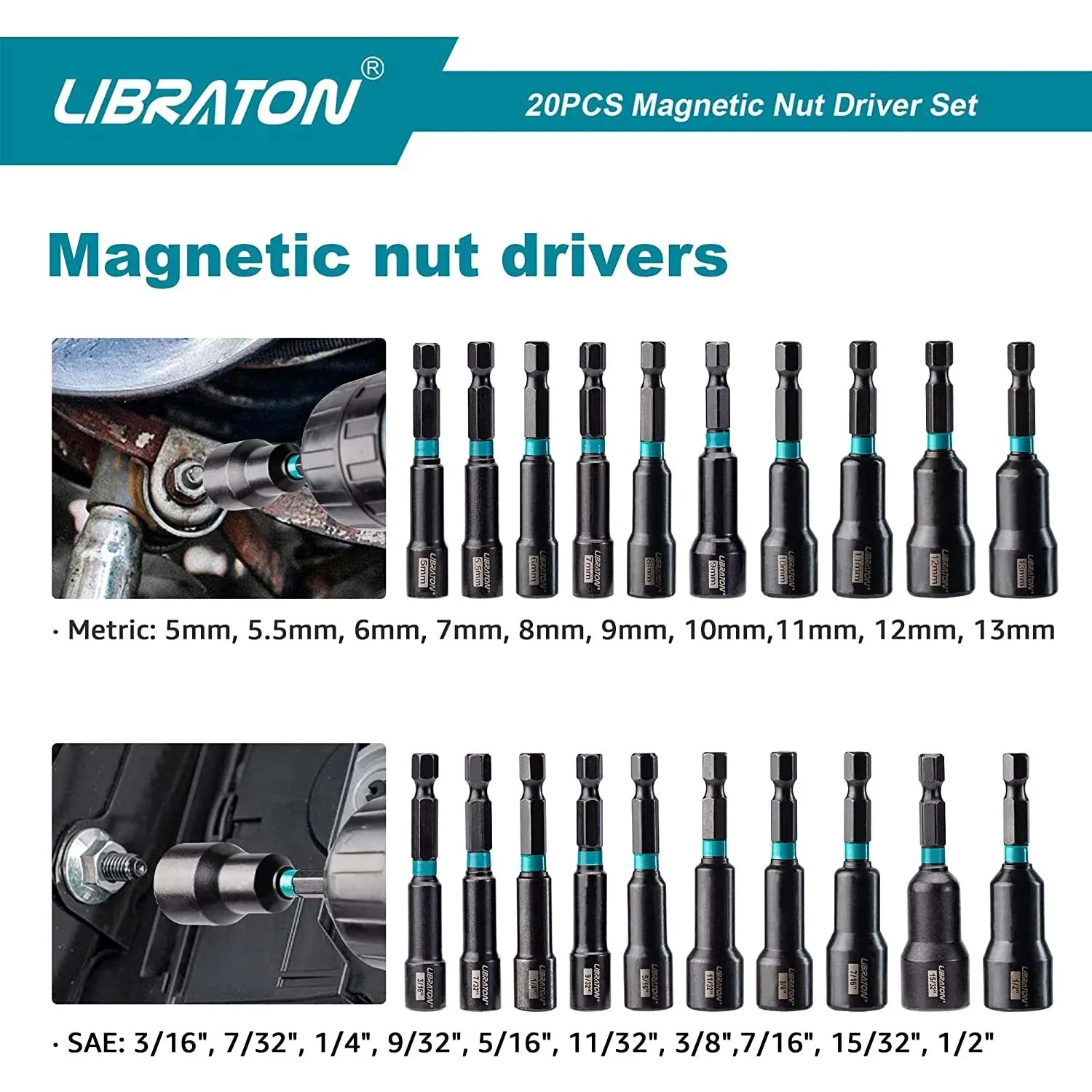 Libraton 20PCS Magnetic Nut Driver Set, Impact Drill Driver Bit Set 1/4