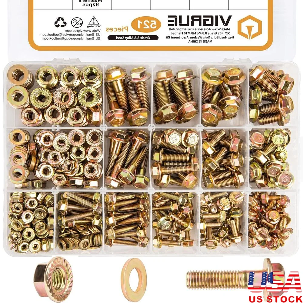 

521PCS M6 M8 M10 Flange Bolts Nuts Washers Metric Class 8.8 Serrated Hex Cap Flange Assortment Kit Corrosion Resistant High