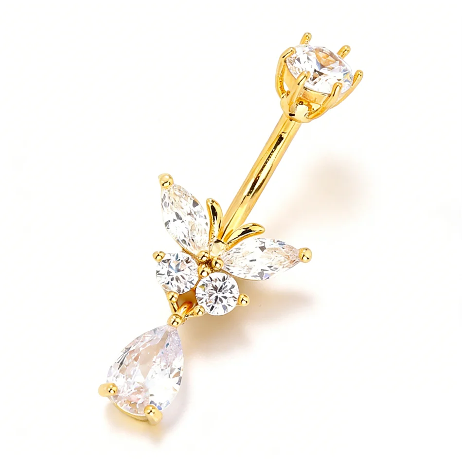 Crystal Butterfly Navel Rings Dangling Water Drop Zircon 14G Titanium Curved Barbell Navel Belly Button Piercing Women Jewelry view 5