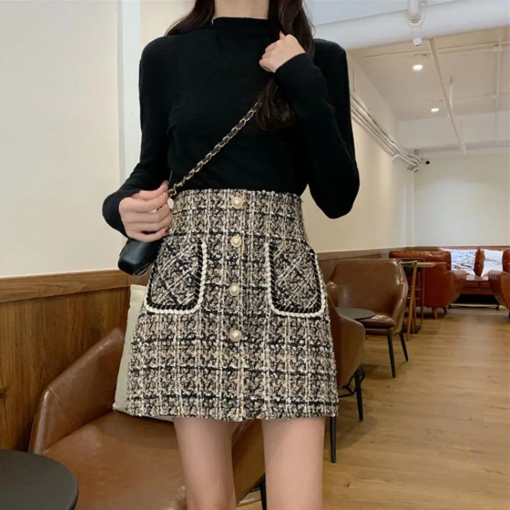 Mini Skirt with Pockets Plaid Print High Waist A-line Skirt with Faux Pearls Buttons Pockets Women's Woolen Short for Autumn