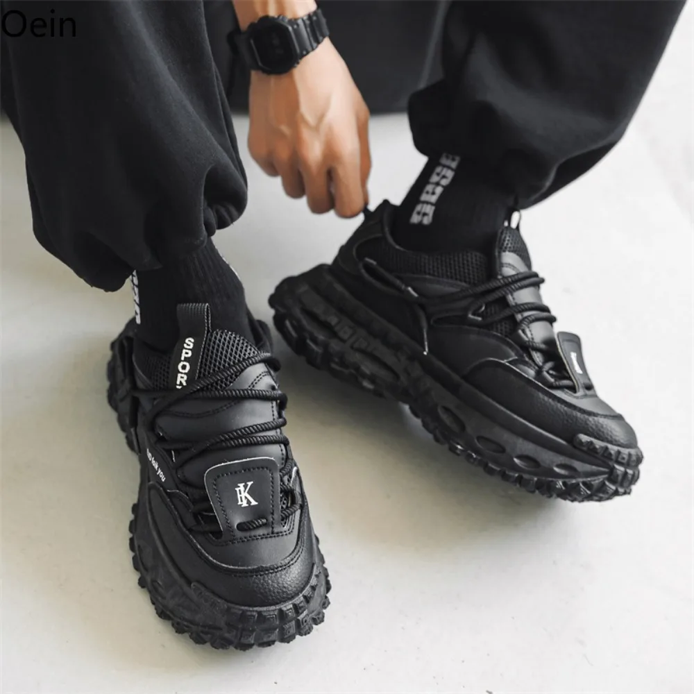 Mens PU Leather Sneakers Platform High Heel Lace Up Round Toe Match Colors Athletic Shoes Korean Styles Black White New 2024