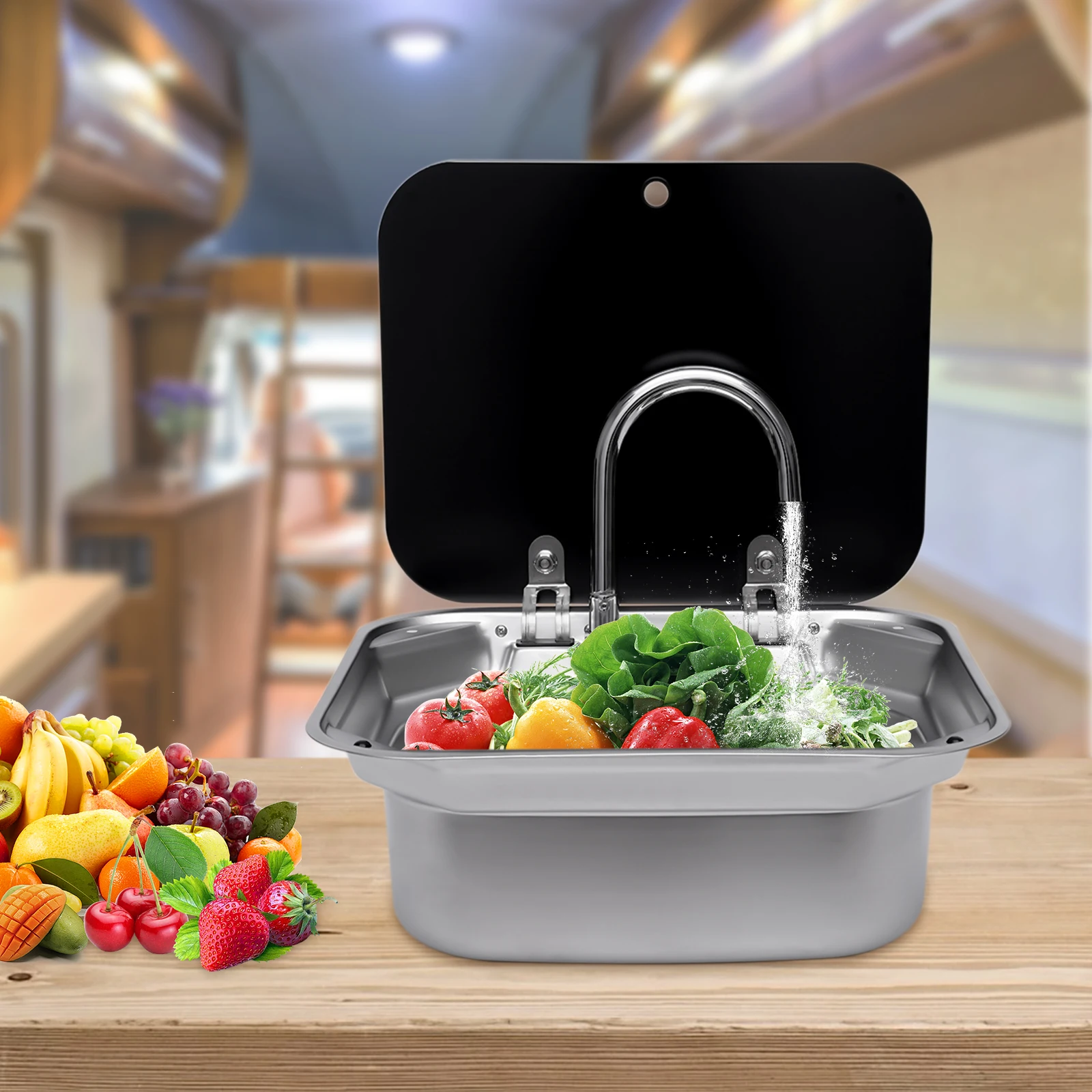 RV Caravan Camper Boat Stainless Steel Hand Wash Basin Kitchen Sink Large Capacity w/Lid Faucet