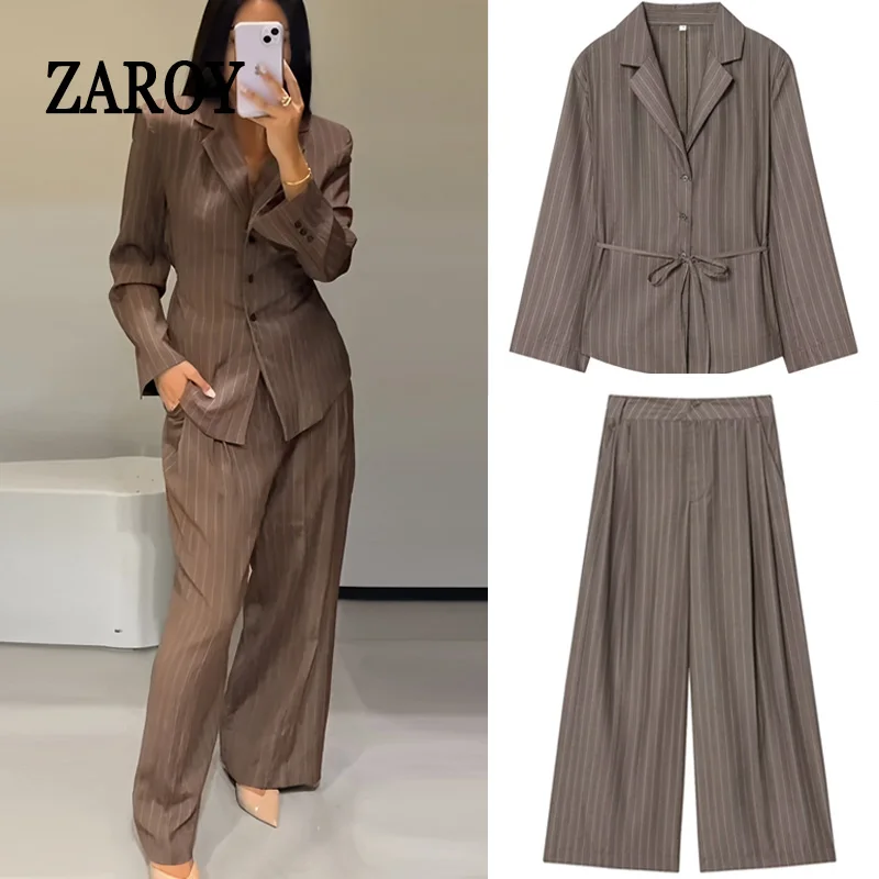 Costume deux pièces en lin pour femme, ensemble pantalon élégant, Blazer rayé, veste droite, jambes larges, nouvelle collection automne ﻿ Aftenстюм