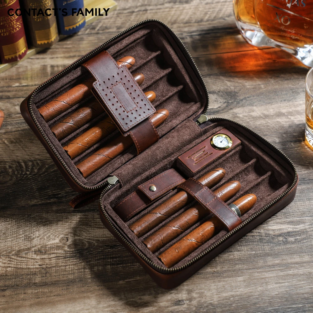 Luxury Genuine Leather 8 Slots Humidor Box Travel Portable High Capacity Cigar Accessories Case Humidifier Magnetic Hygrometer