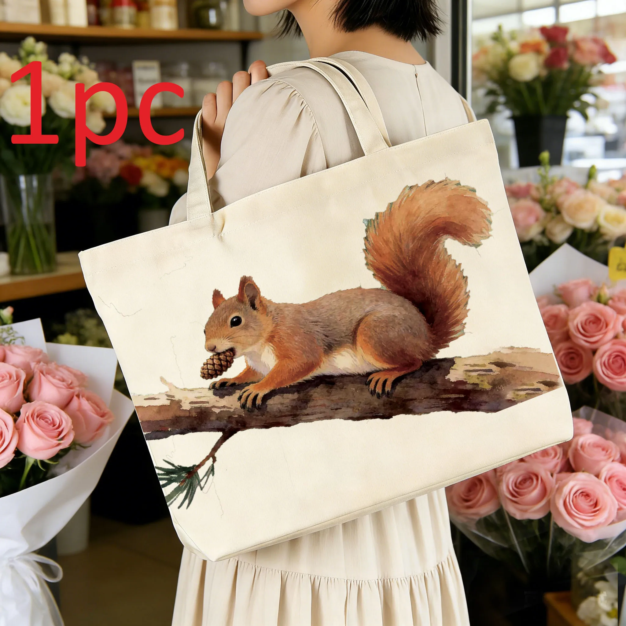 1Pc Happy Squirrel Element Canvas Bag Simple Large Capacity Single Shoulder Canvas Bag Handheld Eco friendly Sail Bag