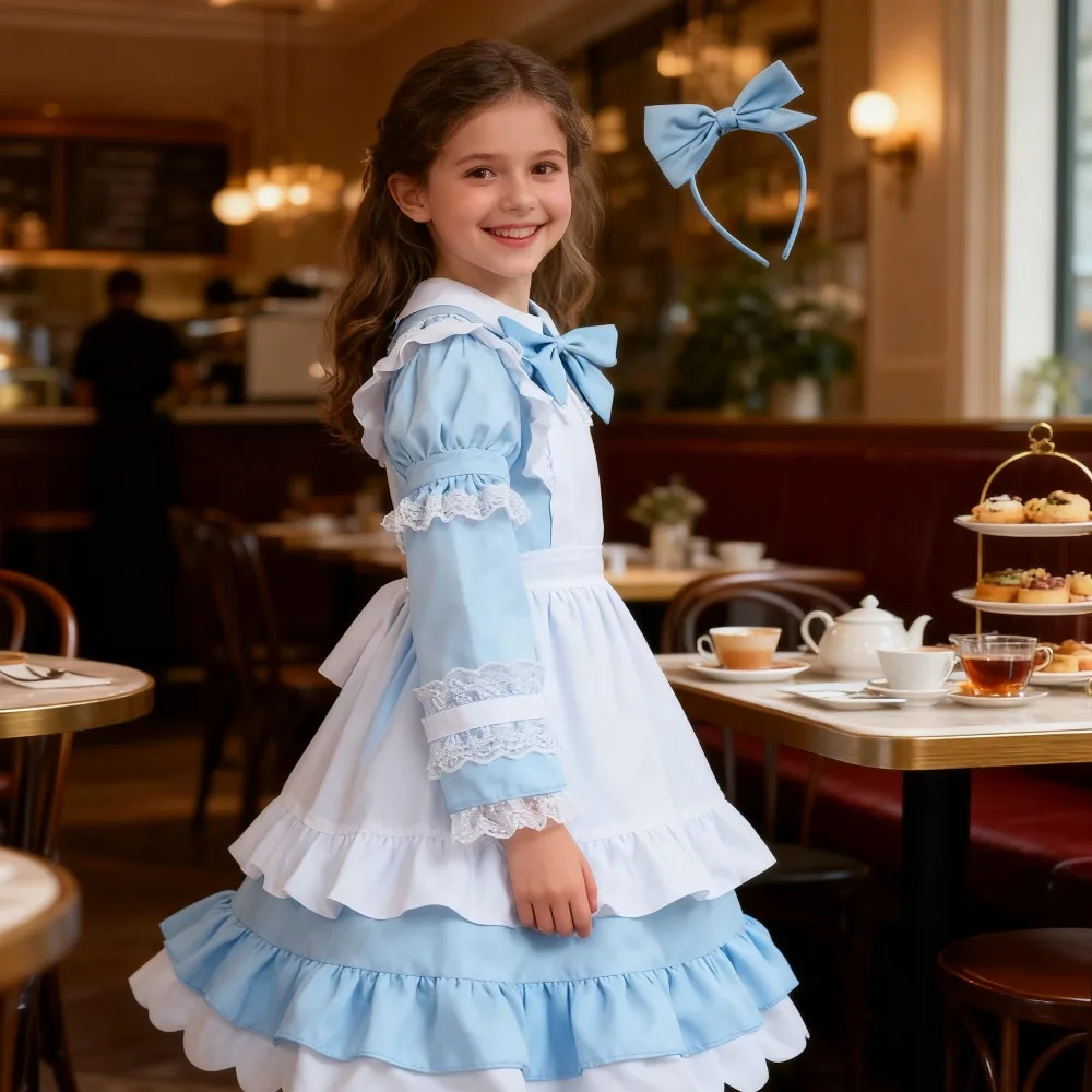 

Элегантное синее платье принцессы горничной для девочек — одежда для косплея и сцены на Хэллоуин