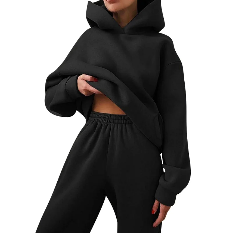 Women's Casual Long Sleeve Pants Two Pairs of Sports Fashion Solid Hoodie Leggings Set Sweater European and American Style 2025