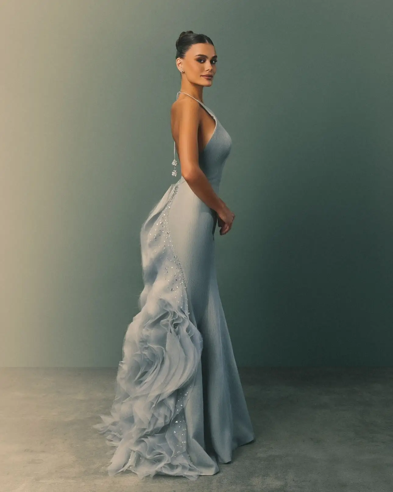 Dreamlike Blue Mermaid Evening Dresses with Ruffled Train Glitter Tulle Backless Formal Party Dress فساتين سهرة robes de soirée