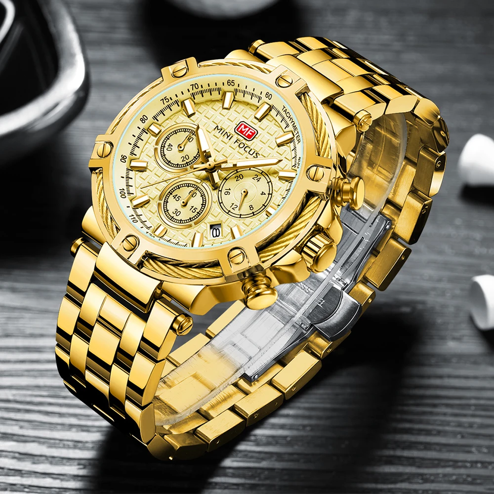 MINI FOCUS Luxury Brand Quartz Waterproof Watches Multifunction Date Display Gold Watch for Men Luminous Hands Stainless Steel