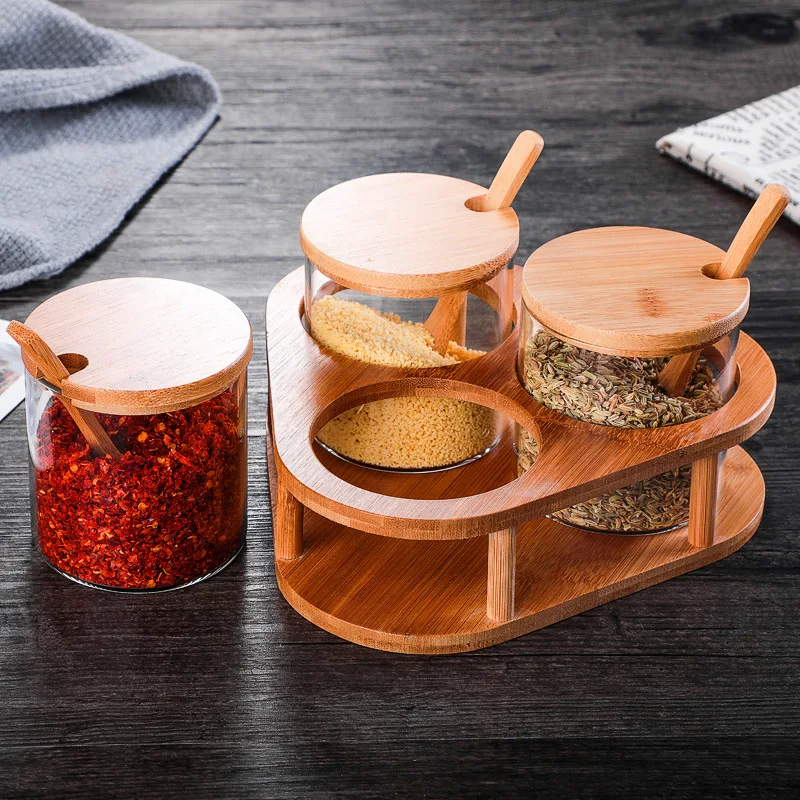 

3 PCS Spices Jar Set Glass Seasoning Bottle Display Box Condiment Wood Spoon Tray Salt Pepper Sugar Coffee Bean Storage Bin