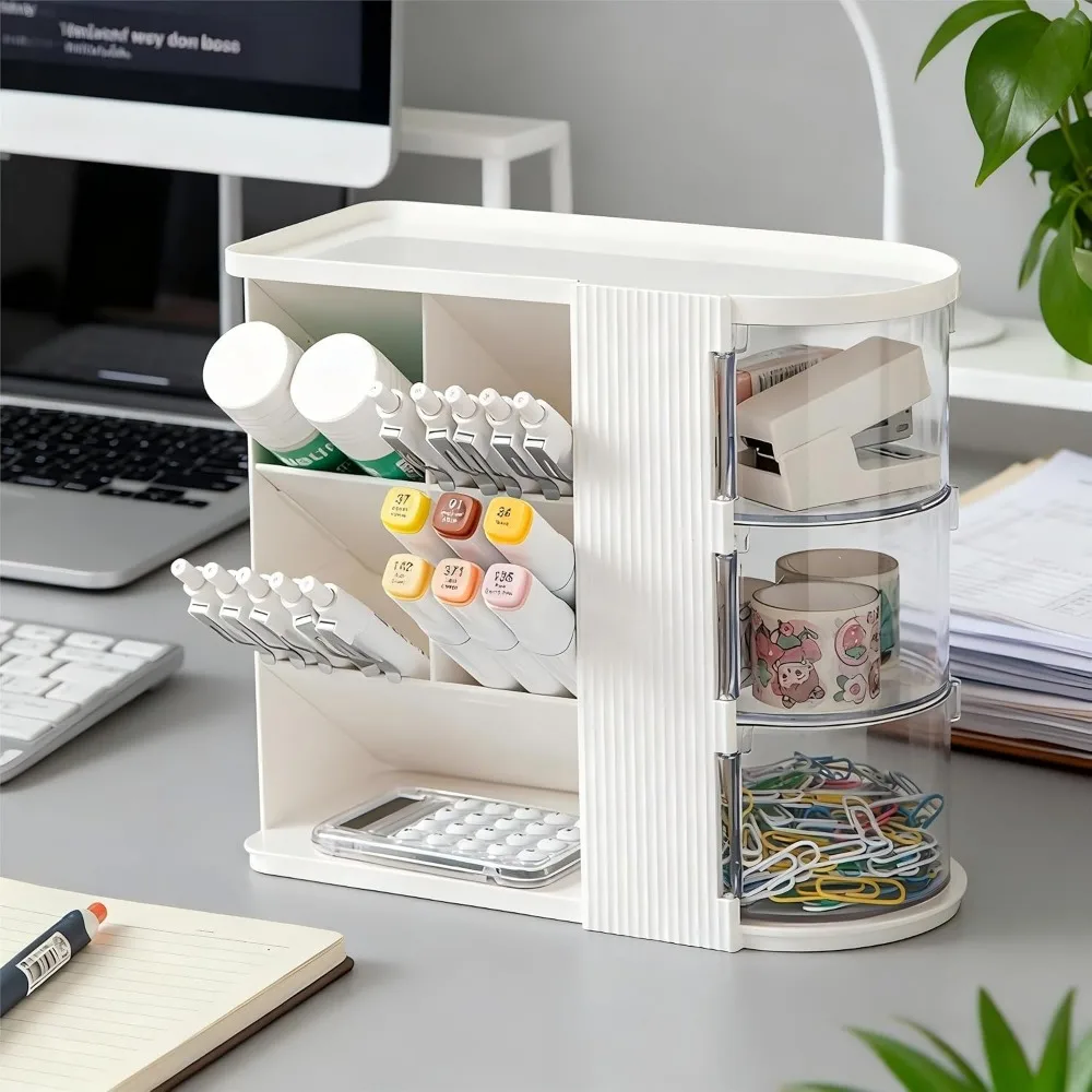 White Desk Organizer with Pen Holder & 3 Drawers, Multi-Functional Desktop Storage for Office, Home, Art Supplies