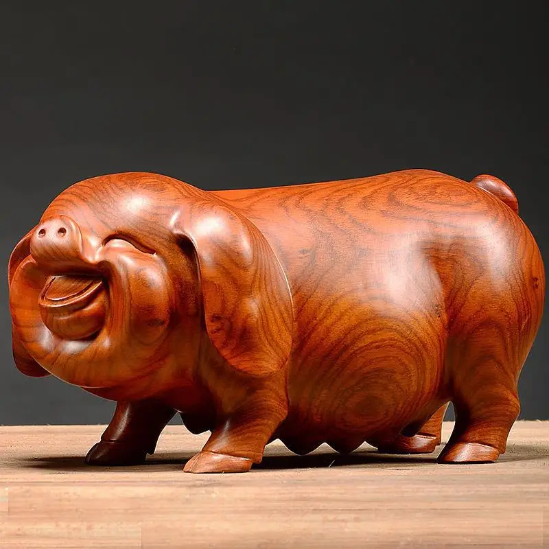 Wooden Crafts Huanghuali Carving Handmade Pig Figurines Feng Shui Mahogany Home Accessories Office Desktop Ornament Lucky Gift