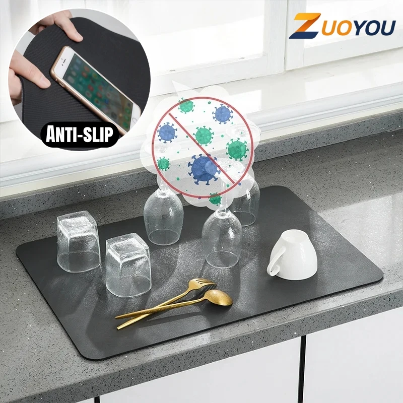 Kitchen Countertop Drying Mat Super Absorbent Non Slip Dry Pad for Coffee Machine Dish Rack Sink Cups Plates Tableware Draining