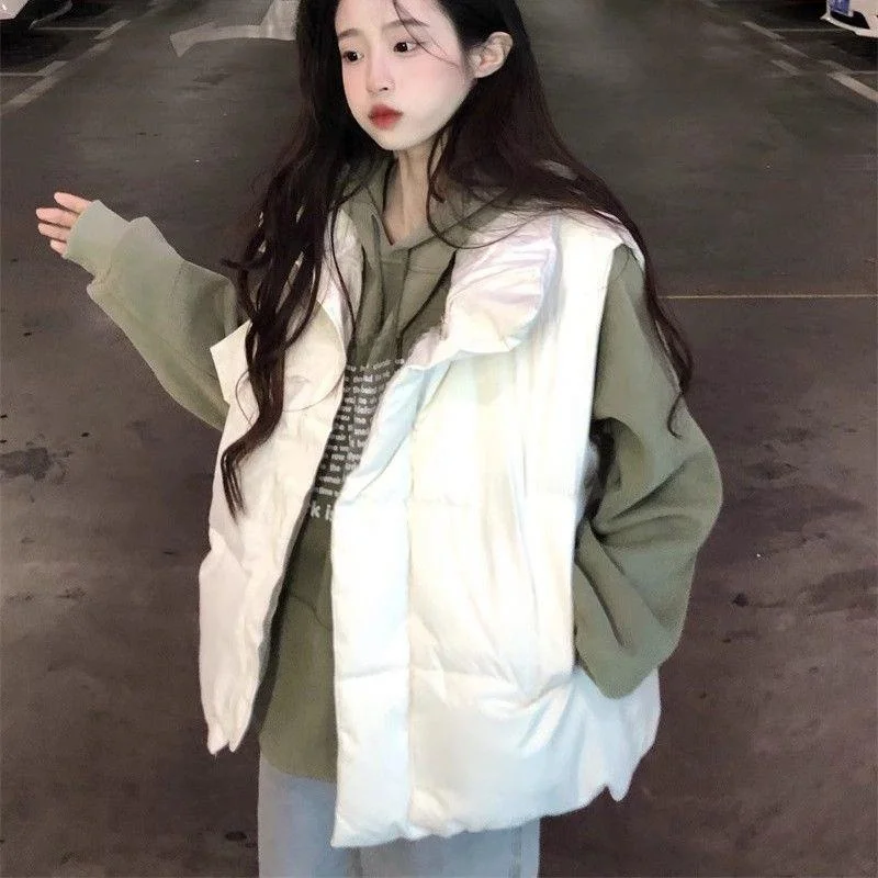 

Women's Thiened Cotton Vest Autumn Winter New Sle Loose Svel Korean Version Outerwear Long Length Stand Collar