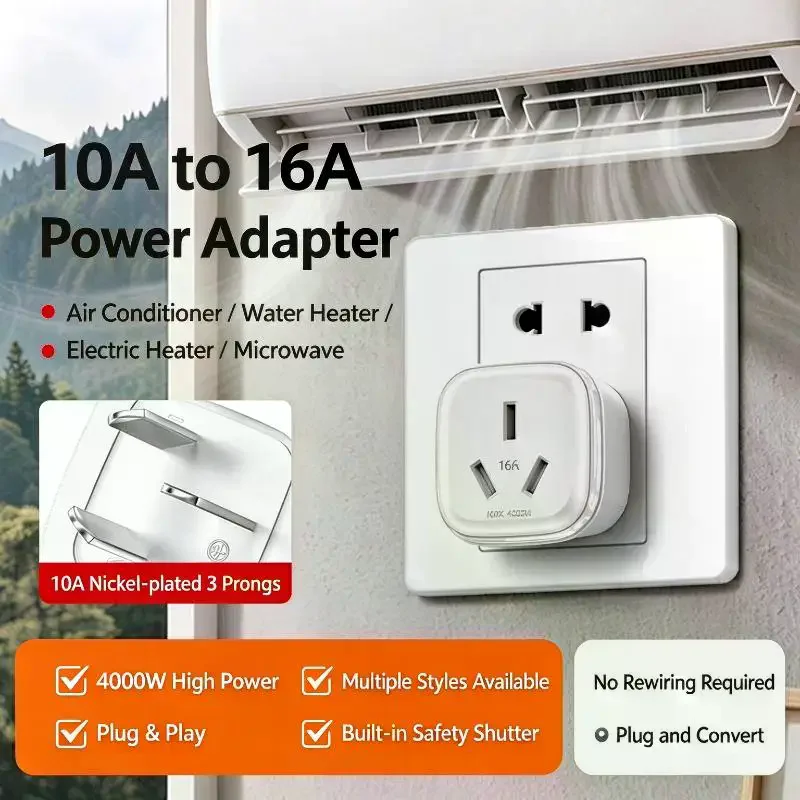 10A to 16A Power Plug Adapter, Flame-retardant PP 4000W Adapter for Home AC and Water Heater Use
