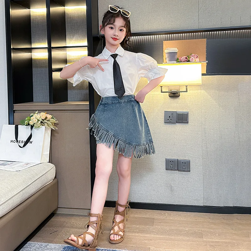 2025 الصيف ألف خط مرونة الخصر الفتيات الفتيات الدنيم السراويل التحيز شرابة تنورة الأطفال المراهقين رقيقة الركبة الملابس 4 5 8 10 12 سنة #5