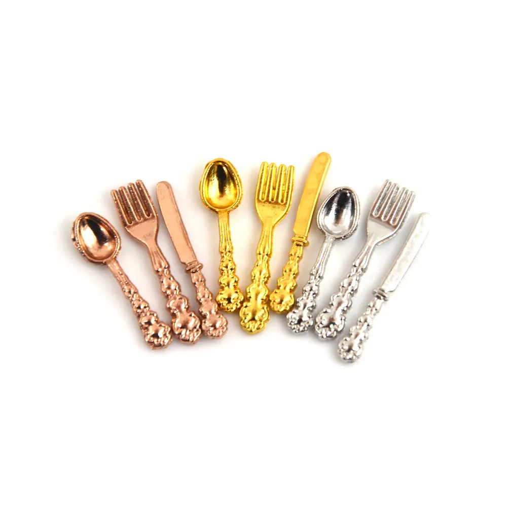 12Pcs/set Vintage 1:12 Dollhouse Miniatures Tableware Mini Cutlery Knife Fork Spoon Kitchen Accessories For Doll House Decor Toy